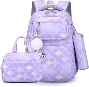 EKUIZAI 3PCS Mermaid Backpack for Girls Fish Scale Print Primary Bookbags set Girls Backpack with Lunch Box