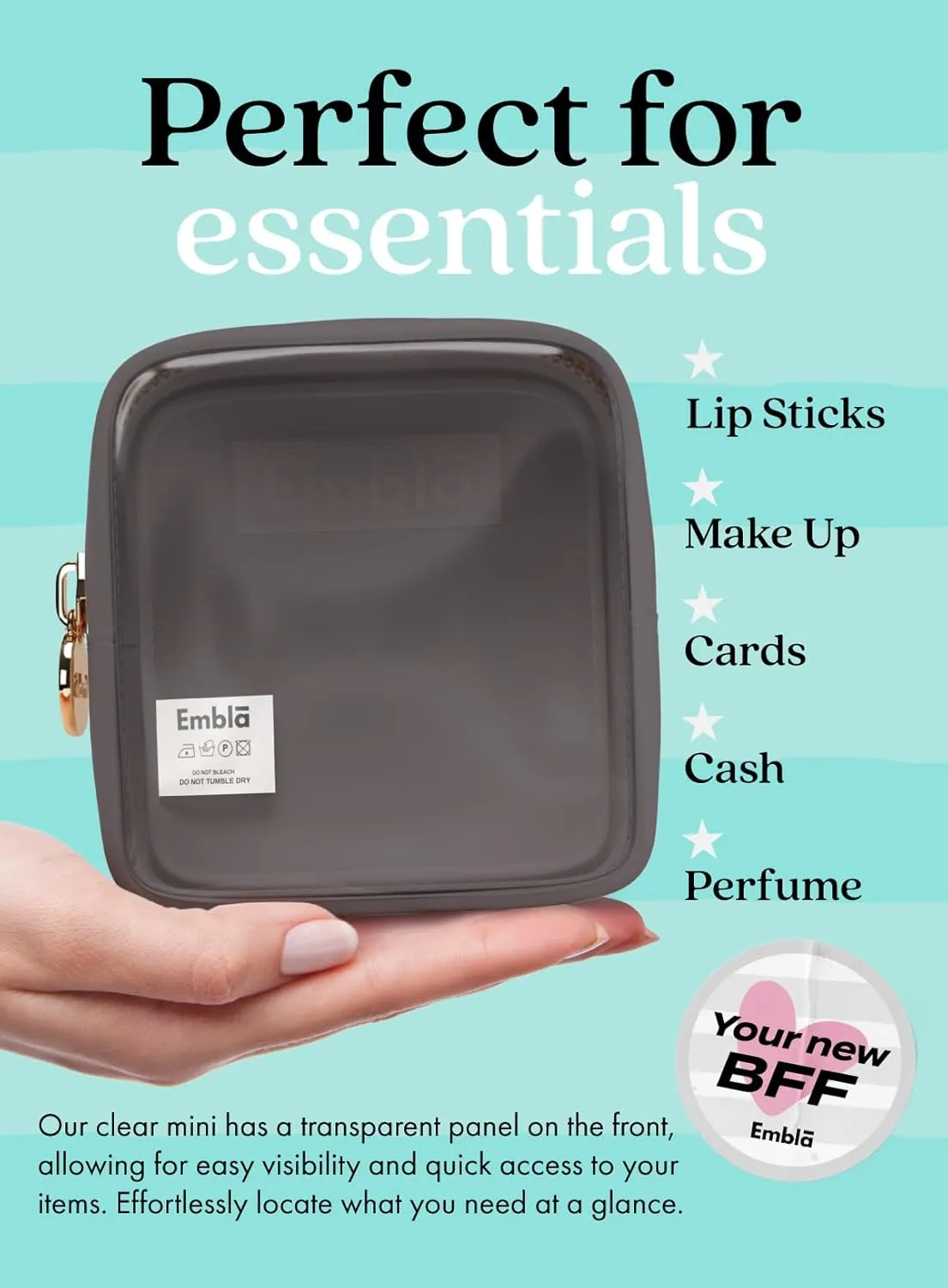 Embla Clear Cosmetic Bag Makeup Case, Clear Zipper Make Up Pouch and Toiletry Travel Tote, Cute Skincare Pouches for Women Girls, Preppy Purse Cosmetic Organizer, Mini Makeup Bags, Grey