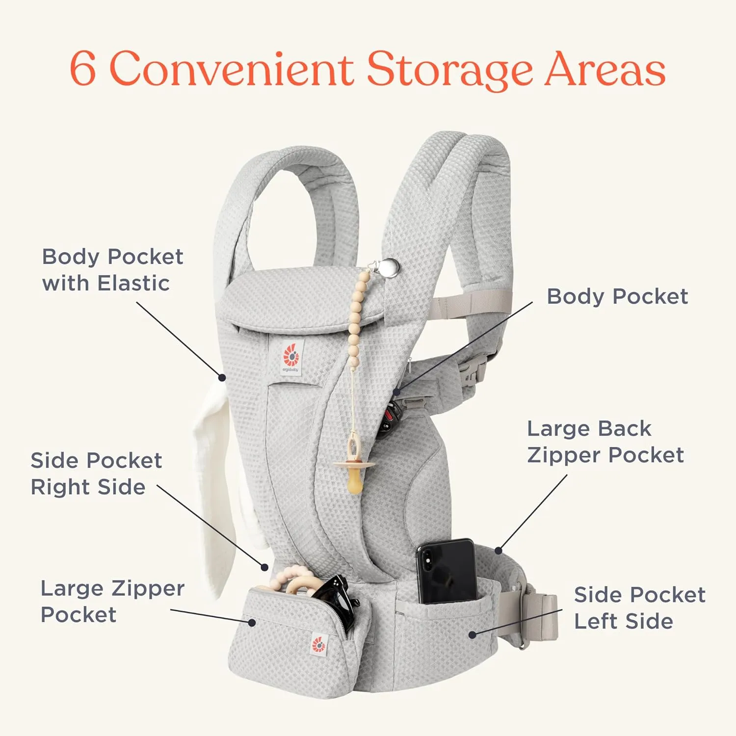 Ergobaby Omni Deluxe All Carry Positions Breathable Mesh Baby Carrier with Enhanced Lumbar Support & Airflow, Newborn to Toddler, (Holds 7-45 lbs), Natural Beige