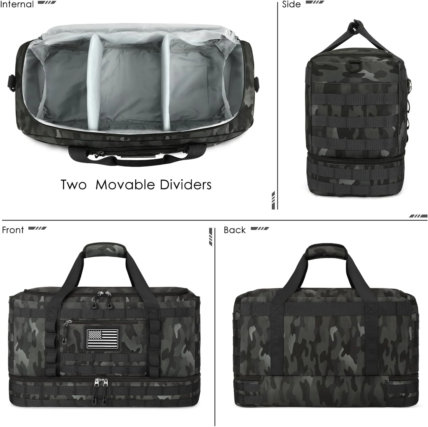 ETRONIK Travel Bag for Men Women, Gym Bag & Tactical Duffle Bags for Travel, Carry on with Toiletry Bag and Shoe Compartment, Weekender Overnight Trip with Wet Pocket for Workout Medical, Black Camo