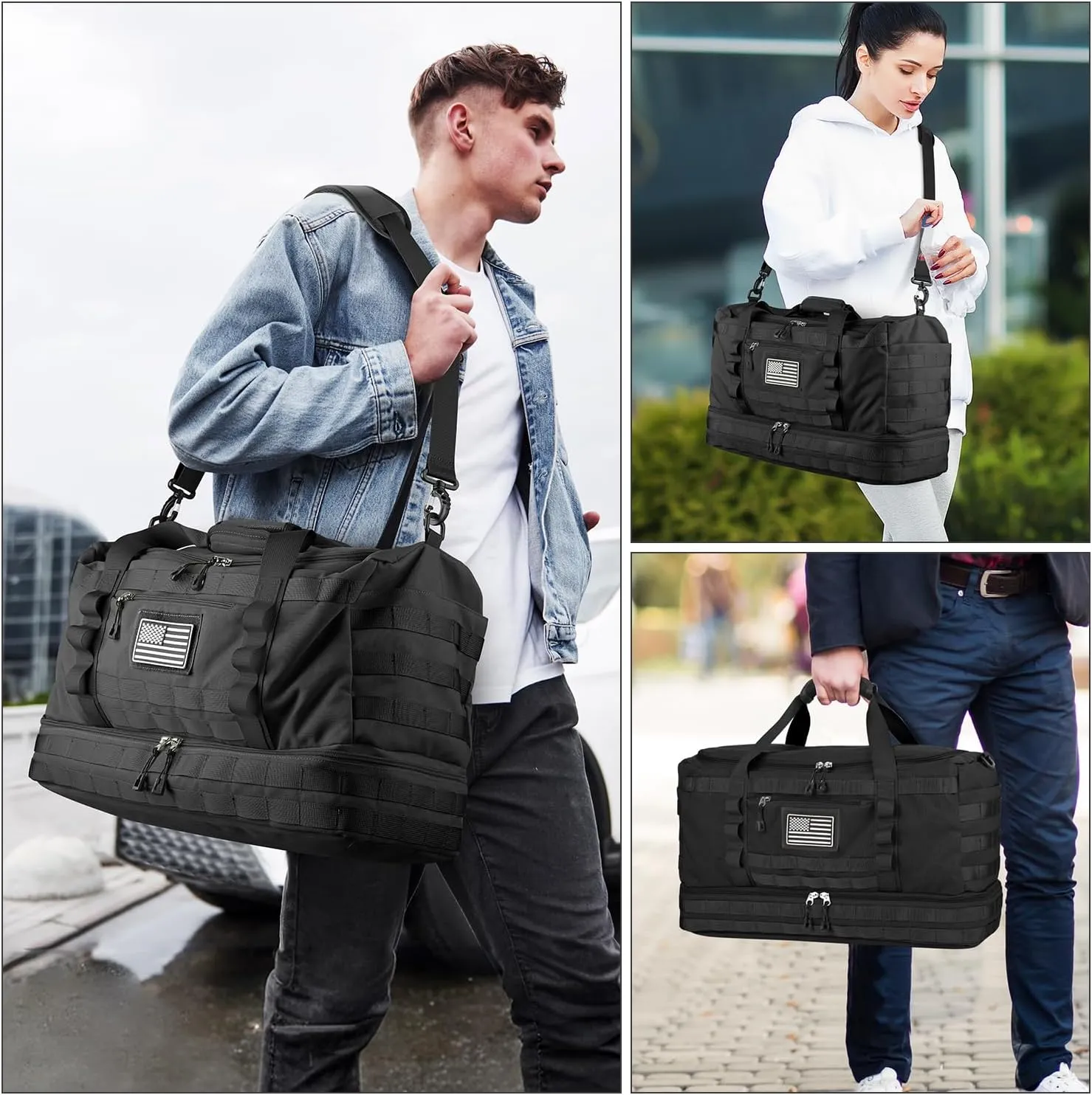 ETRONIK Travel Bag for Men Women, Gym Bag & Tactical Duffle Bags for Travel, Carry on with Toiletry Bag and Shoe Compartment, Weekender Overnight Trip with Wet Pocket for Workout Medical, Black