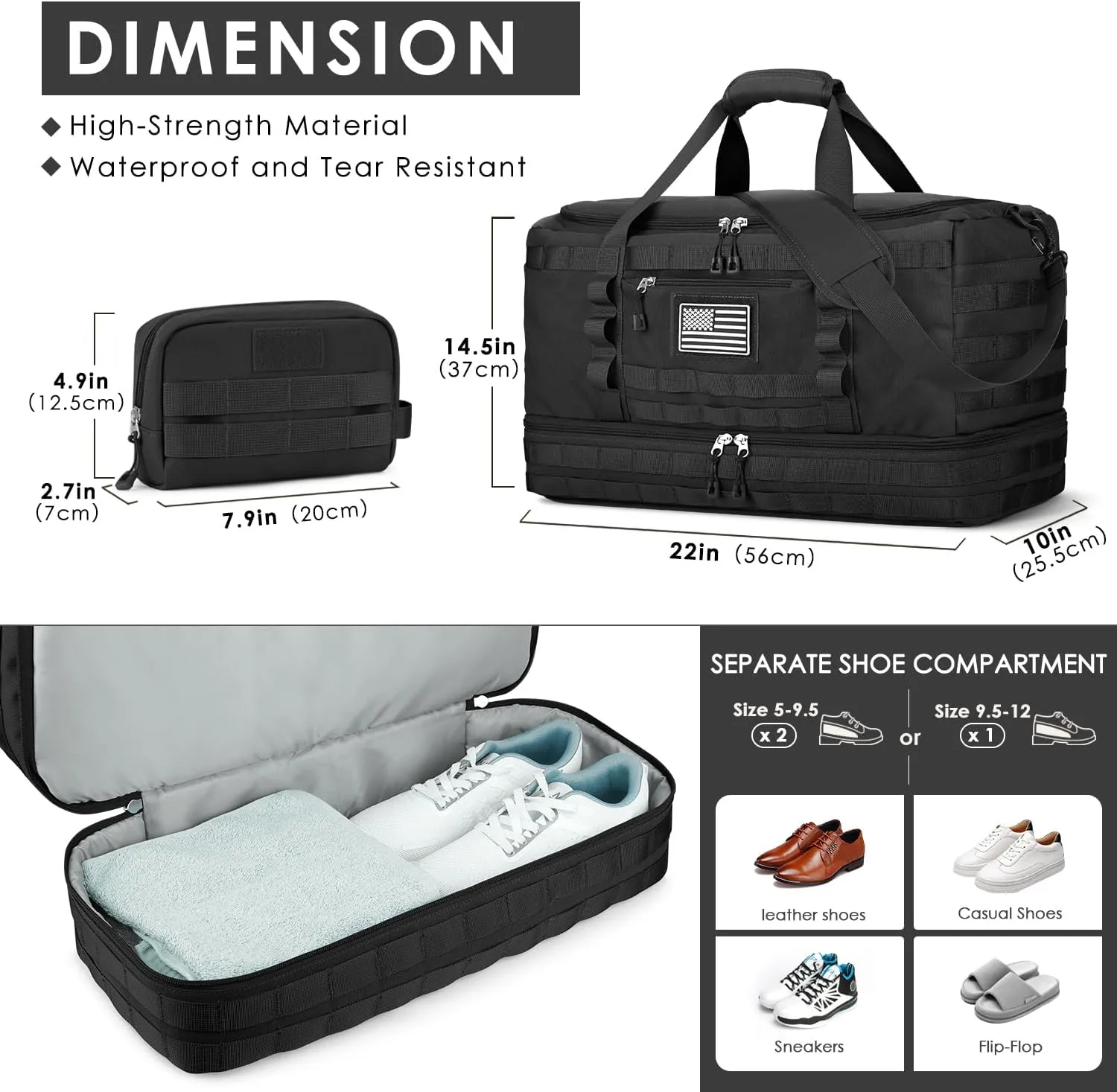 ETRONIK Travel Bag for Men Women, Gym Bag & Tactical Duffle Bags for Travel, Carry on with Toiletry Bag and Shoe Compartment, Weekender Overnight Trip with Wet Pocket for Workout Medical, Black