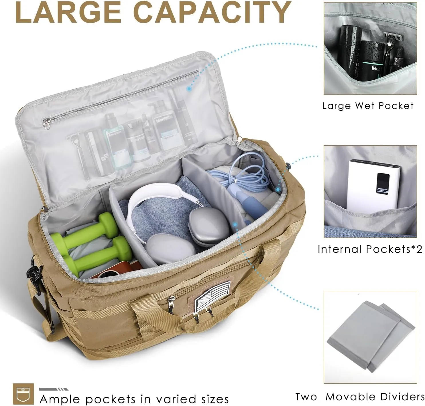 ETRONIK Travel Bag for Men Women, Gym Bag & Tactical Duffle Bags for Travel, Carry on with Toiletry Bag and Shoe Compartment, Weekender Overnight Trip with Wet Pocket for Workout Medical, Brown