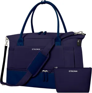 ETRONIK Weekender Bags for Women, Canvas Travel Bag 2 Pcs Set with USB Charging Port, Duffle Bag with Shoe Compartment, Carry on Overnight Bag for Women Travel, Dark Blue