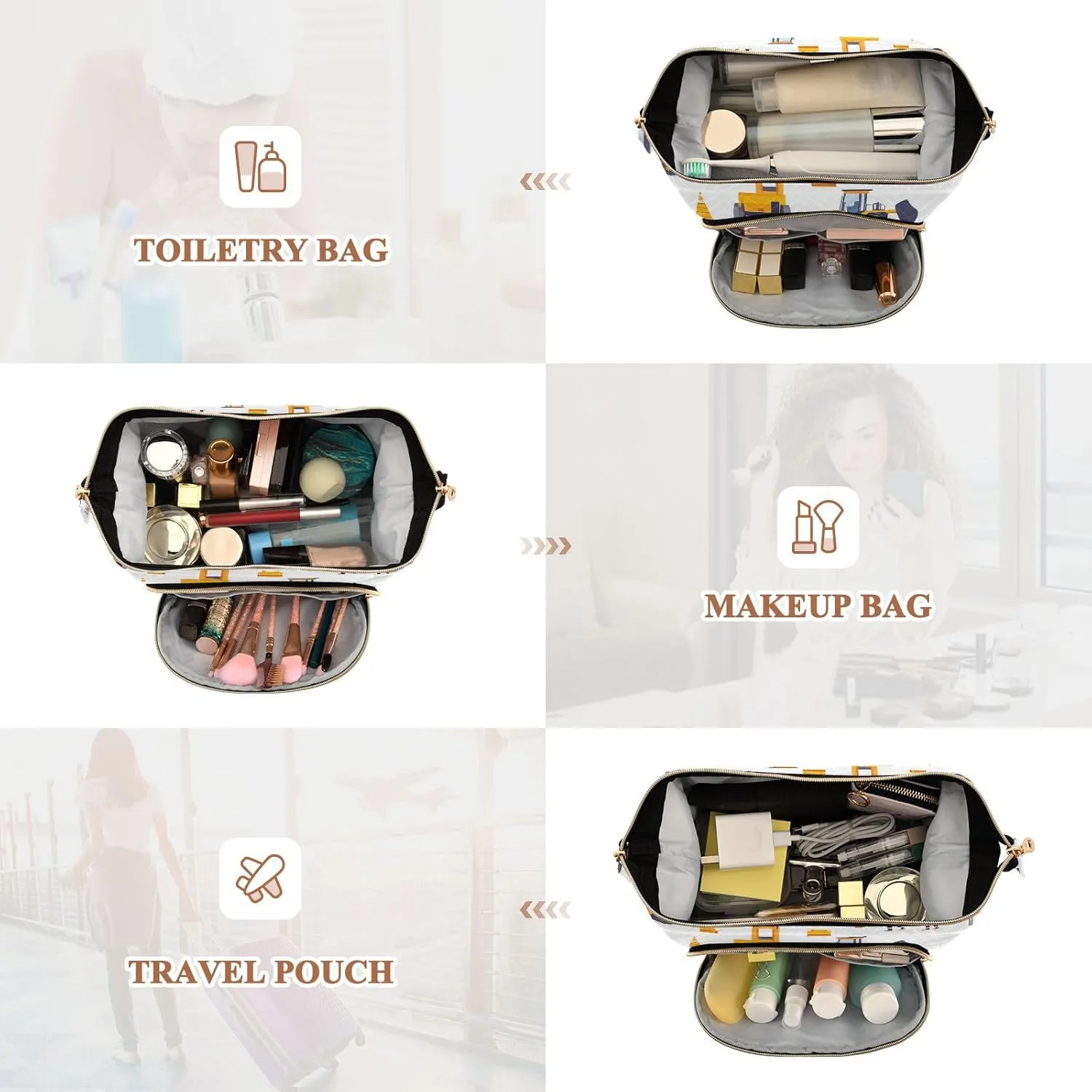 Excavator Vehicles Pattern White Makeup Bag Waterproof Travel Cosmetic Bags Cosmetic Bags For Purse for Personal Items Organizer