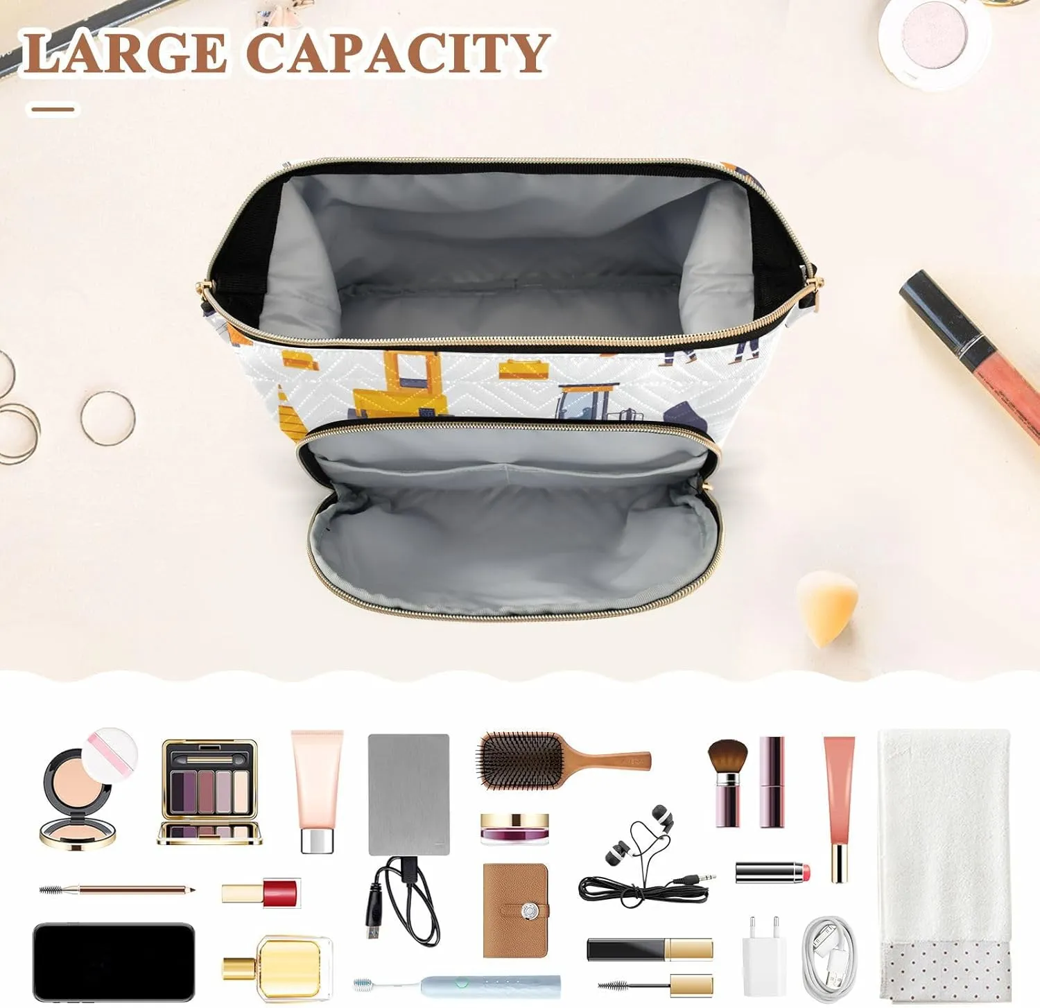 Excavator Vehicles Pattern White Makeup Bag Waterproof Travel Cosmetic Bags Cosmetic Bags For Purse for Personal Items Organizer