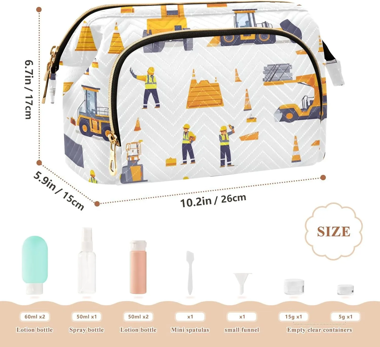 Excavator Vehicles Pattern White Makeup Bag Waterproof Travel Cosmetic Bags Cosmetic Bags For Purse for Personal Items Organizer