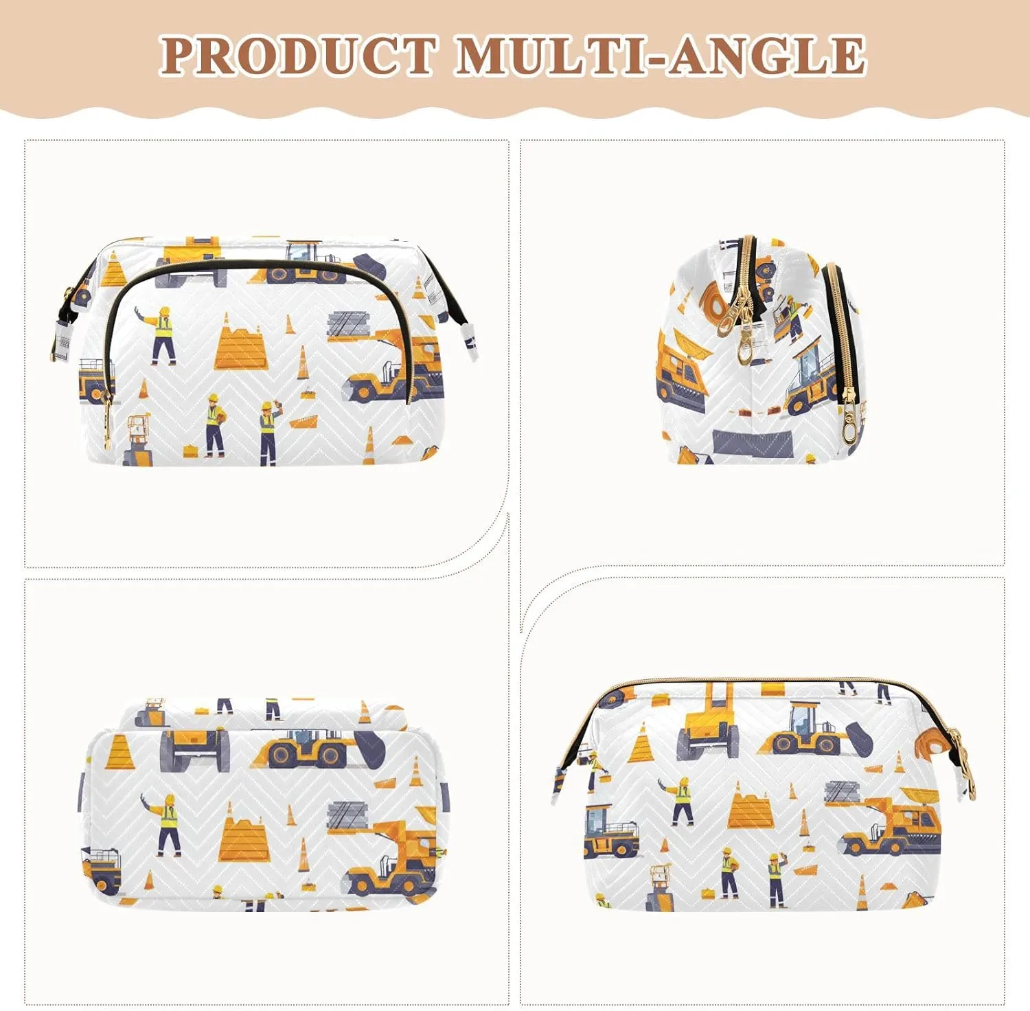 Excavator Vehicles Pattern White Makeup Bag Waterproof Travel Cosmetic Bags Cosmetic Bags For Purse for Personal Items Organizer