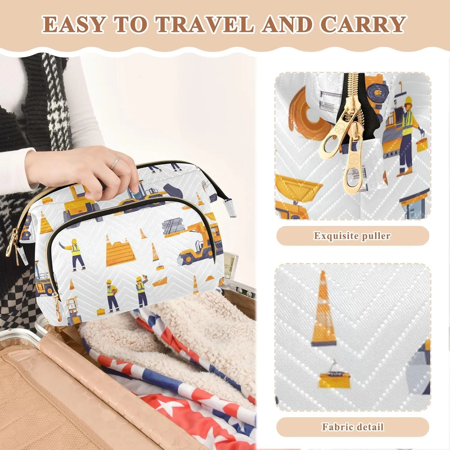 Excavator Vehicles Pattern White Makeup Bag Waterproof Travel Cosmetic Bags Cosmetic Bags For Purse for Personal Items Organizer