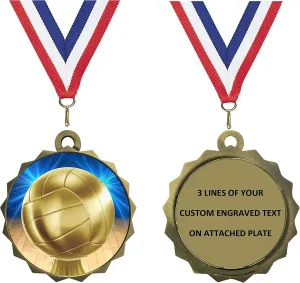Express Medals Custom Volleyball Gold Medal Trophy Award with Neck Ribbon & Attached Engraved Plate on Back LAZD214-D45 5PK