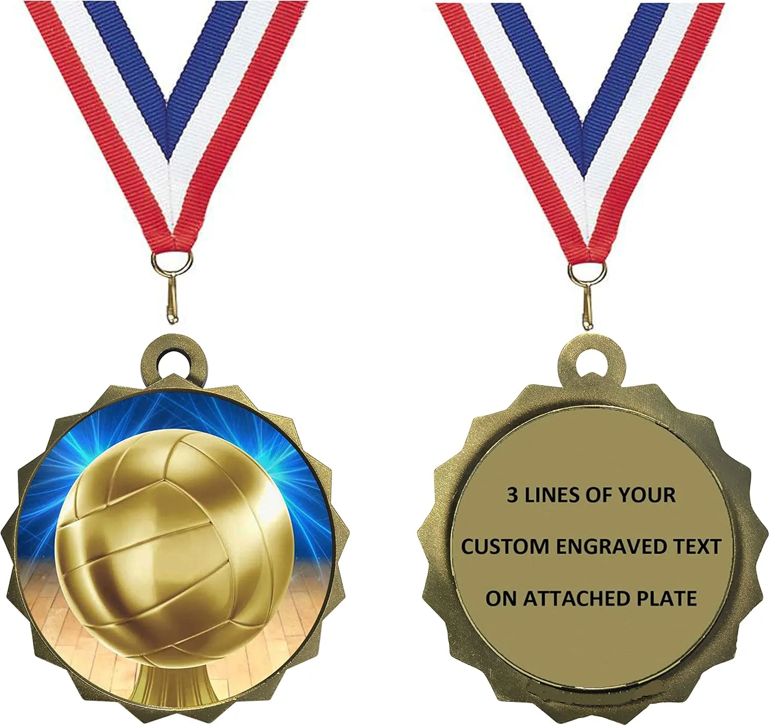 Express Medals Custom Volleyball Gold Medal Trophy Award with Neck Ribbon & Attached Engraved Plate on Back LAZD214-D45 5PK
