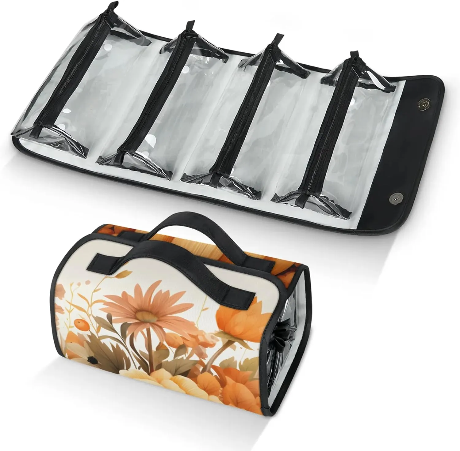 Fall Pumpkin Flowers Travel Toiletry Bag for Women, 4 in 1 Roll Up Makeup Cosmetic Bag With 4 Removable PVC Zipper Pouch