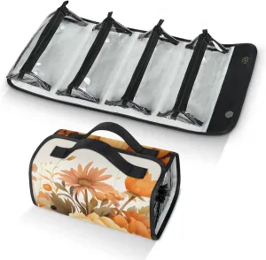 Fall Pumpkin Flowers Travel Toiletry Bag for Women, 4 in 1 Roll Up Makeup Cosmetic Bag With 4 Removable PVC Zipper Pouch