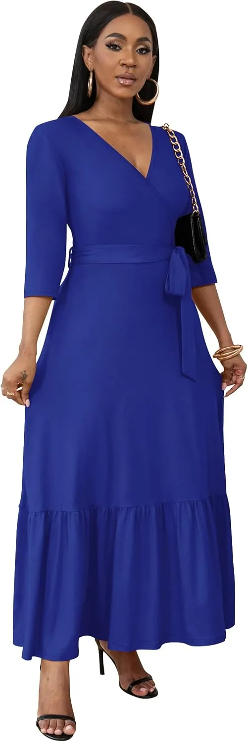 FANDEE Long Flowy Dresses for Women Summer V Neck Maxi Dress with Pockets, 3 4 Sleeve Solid Tie Belt A Line Tiered Dresses