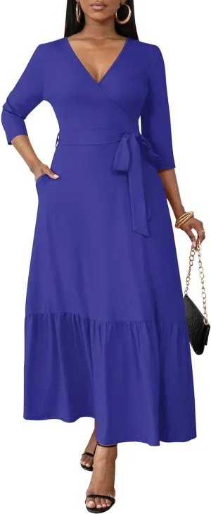 FANDEE Long Flowy Dresses for Women Summer V Neck Maxi Dress with Pockets, 3 4 Sleeve Solid Tie Belt A Line Tiered Dresses