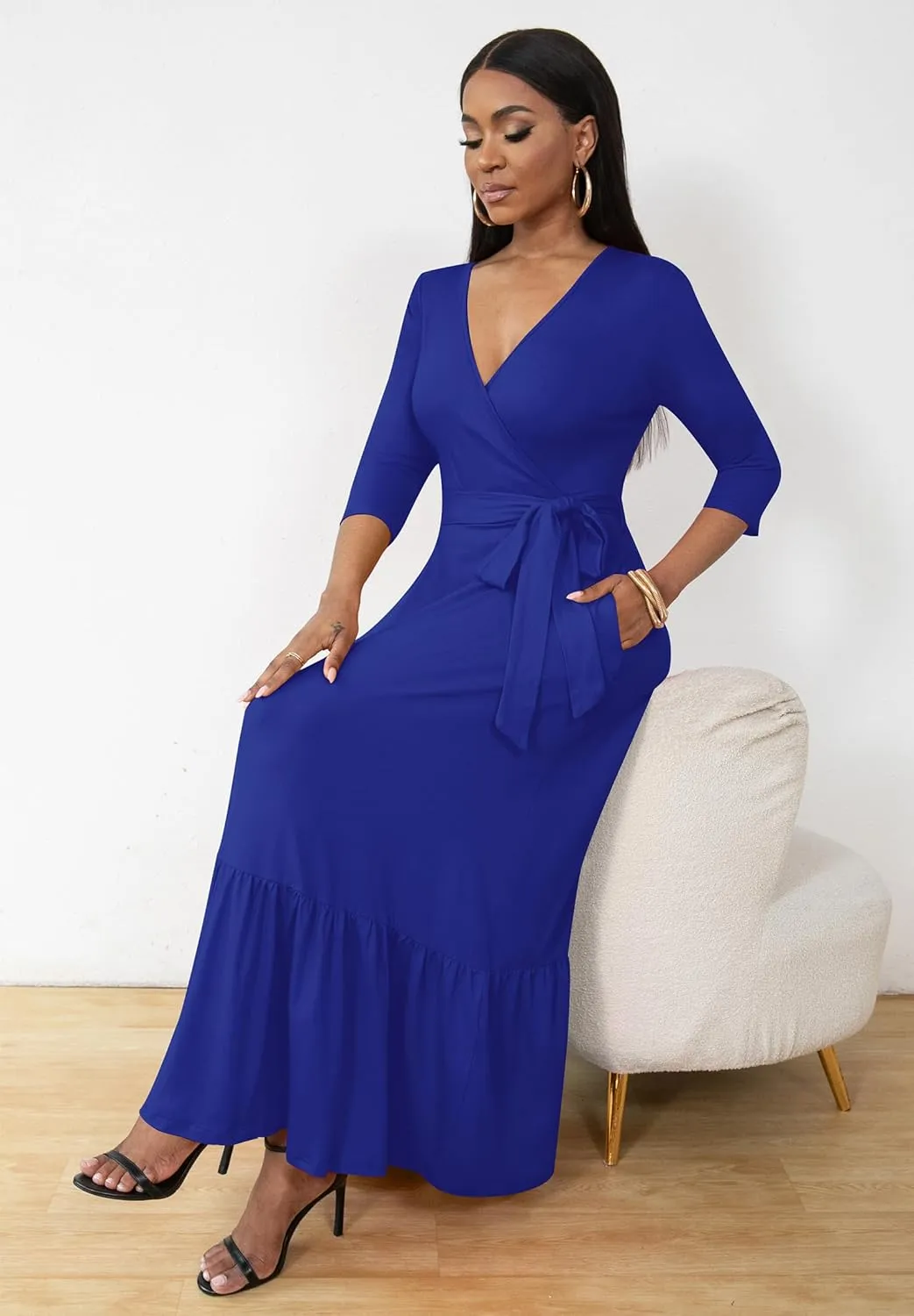 FANDEE Long Flowy Dresses for Women Summer V Neck Maxi Dress with Pockets, 3 4 Sleeve Solid Tie Belt A Line Tiered Dresses