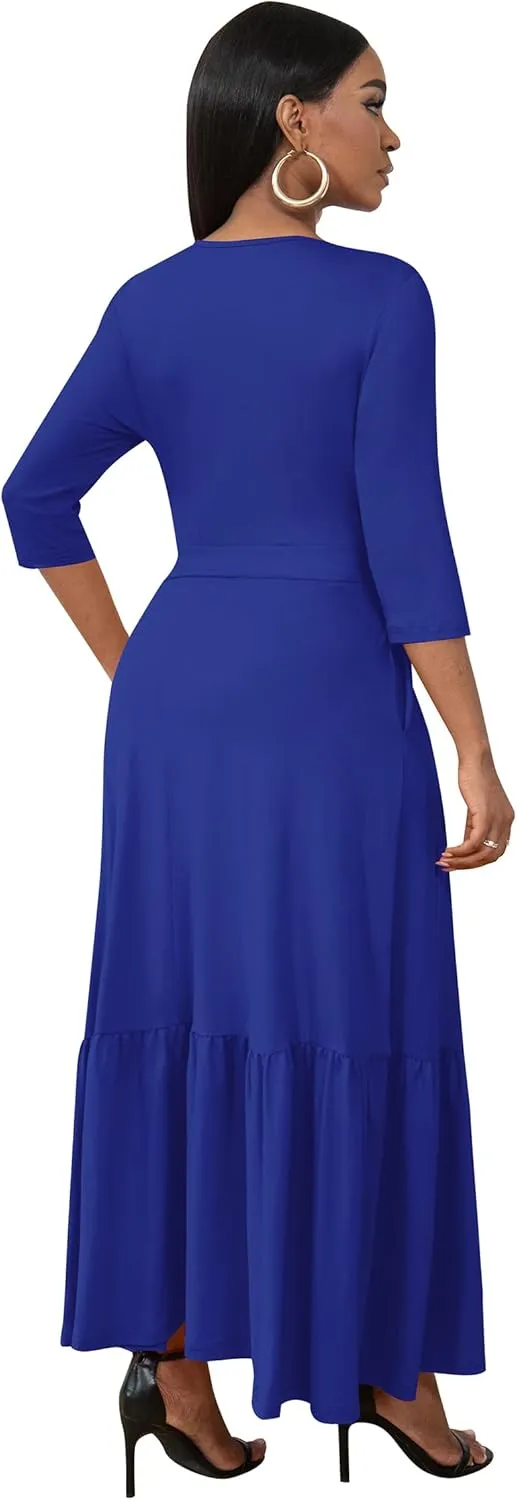 FANDEE Long Flowy Dresses for Women Summer V Neck Maxi Dress with Pockets, 3 4 Sleeve Solid Tie Belt A Line Tiered Dresses