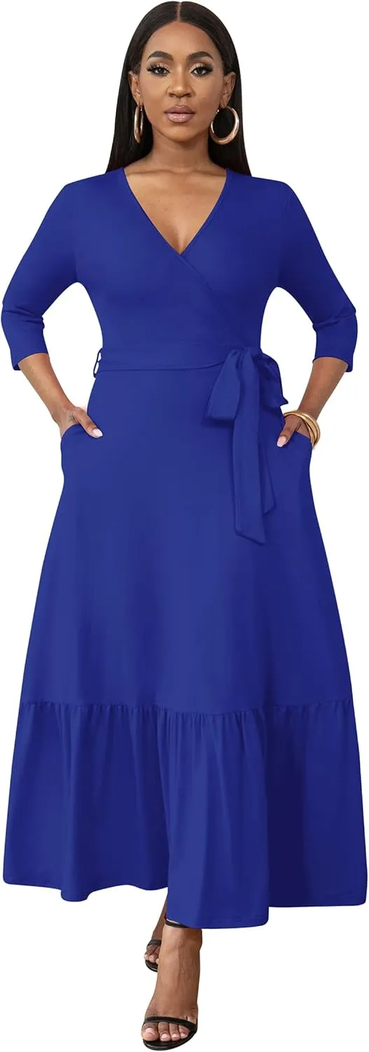 FANDEE Long Flowy Dresses for Women Summer V Neck Maxi Dress with Pockets, 3 4 Sleeve Solid Tie Belt A Line Tiered Dresses