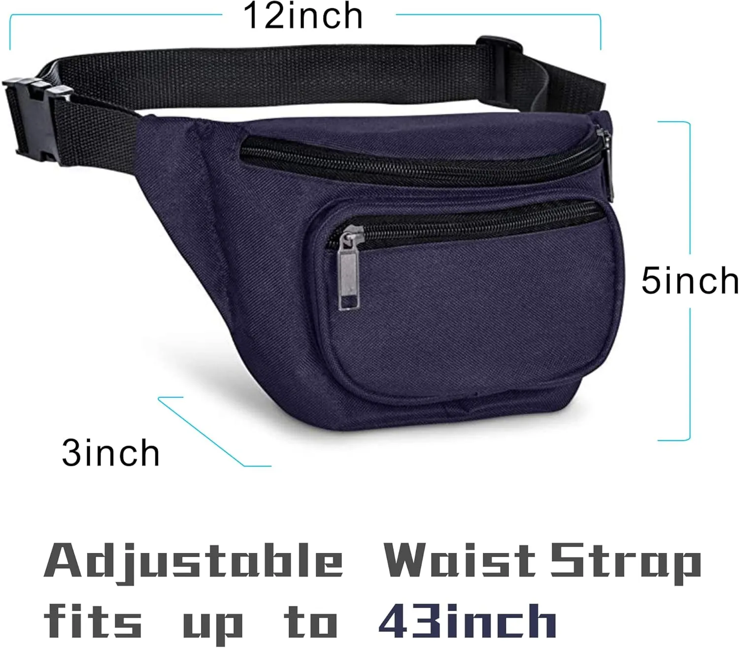 Fanny Pack, MISSMOON 3-Zipper Compartments Adjustable Waist Festival Workout Running Hiking Traveling Walking Sport Fishing Casual Hands-Free Wallets Crossbody Waist Pack Bag For Men Women NAVY BLUE