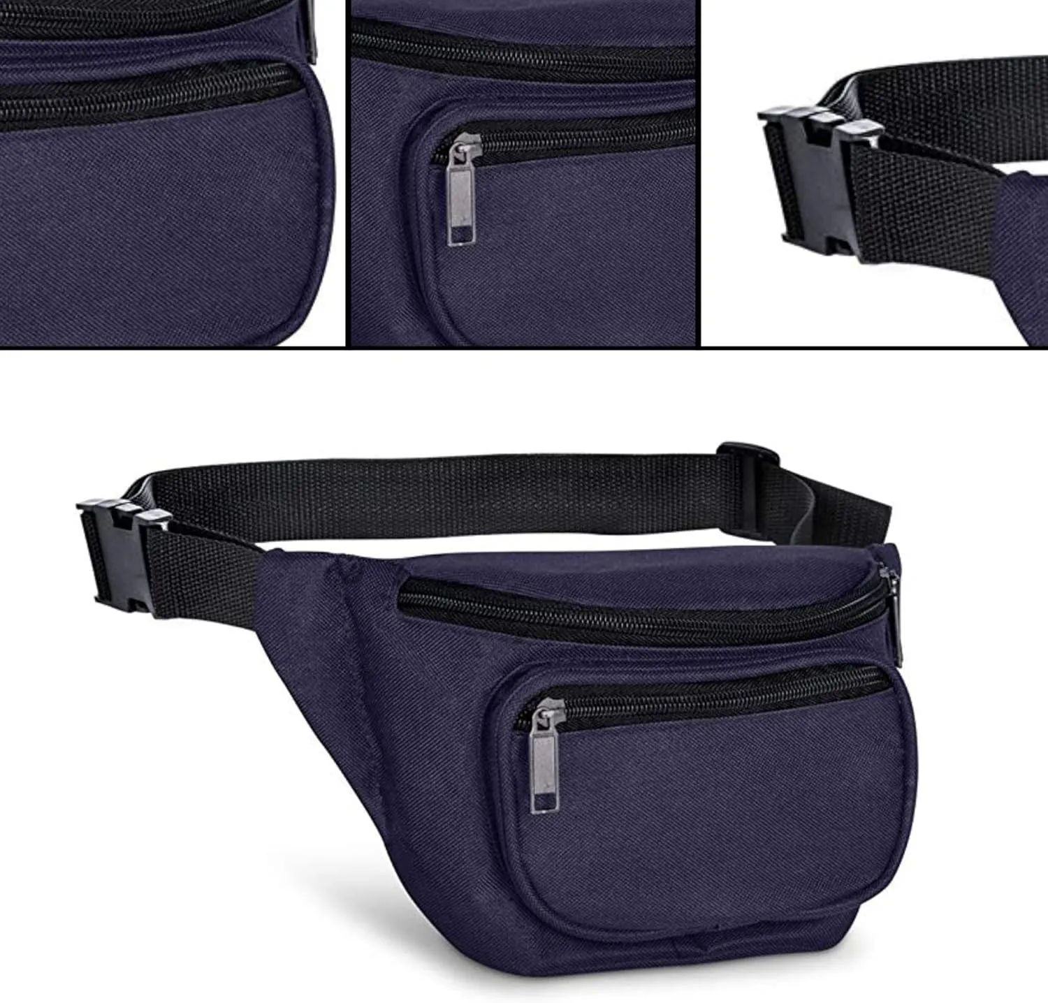 Fanny Pack, MISSMOON 3-Zipper Compartments Adjustable Waist Festival Workout Running Hiking Traveling Walking Sport Fishing Casual Hands-Free Wallets Crossbody Waist Pack Bag For Men Women NAVY BLUE