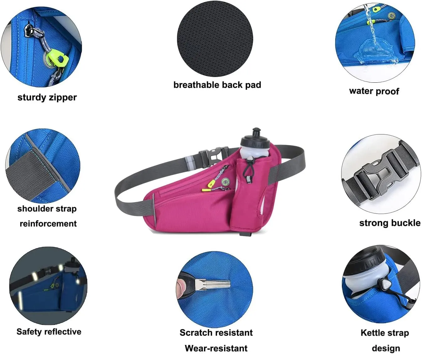 Fanny Running Belt Waist Crossbody BumBags for Running Hiking Travel Workout Adjustable Buckle Strap for Women (Rose Red)