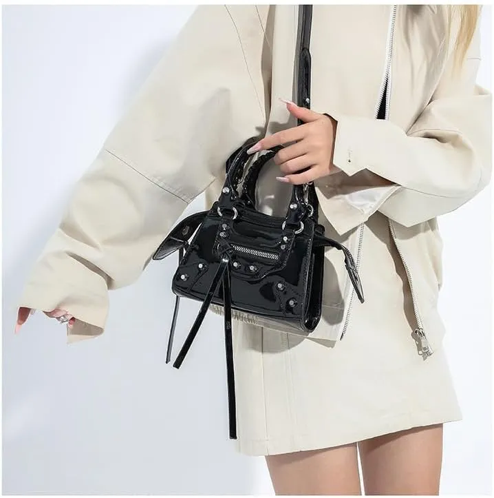 Fashion Crossbody Bag for Women, Shiny Y2K Shoulder Bag Handbags Top Handle Bag Women Ladies Grunge Sling Purse Casual (black)