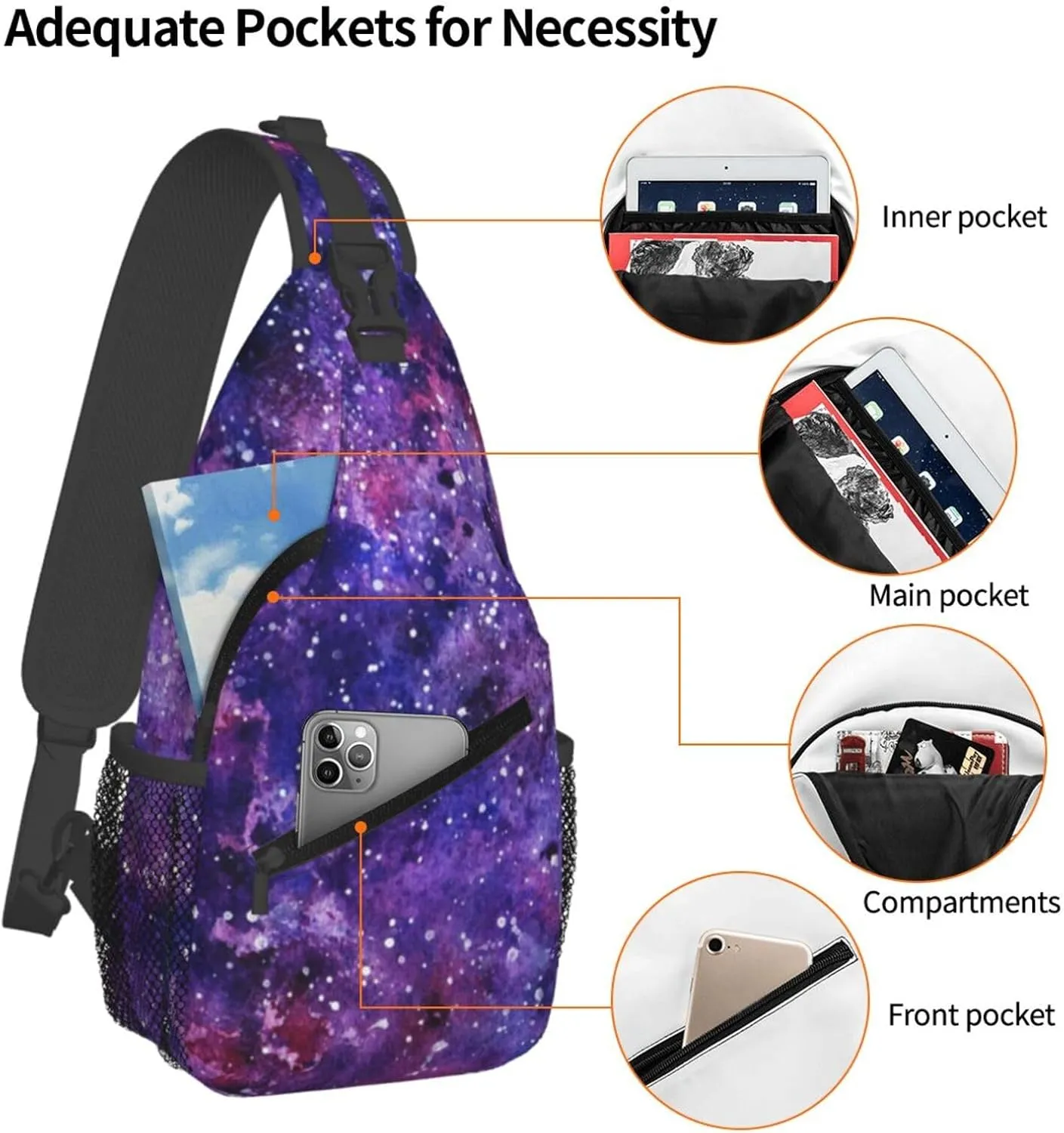 Fashion Purple Galaxy Sling Backpack, Multipurpose Crossbody Shoulder Bag Travel Hiking Daypack for Men Women