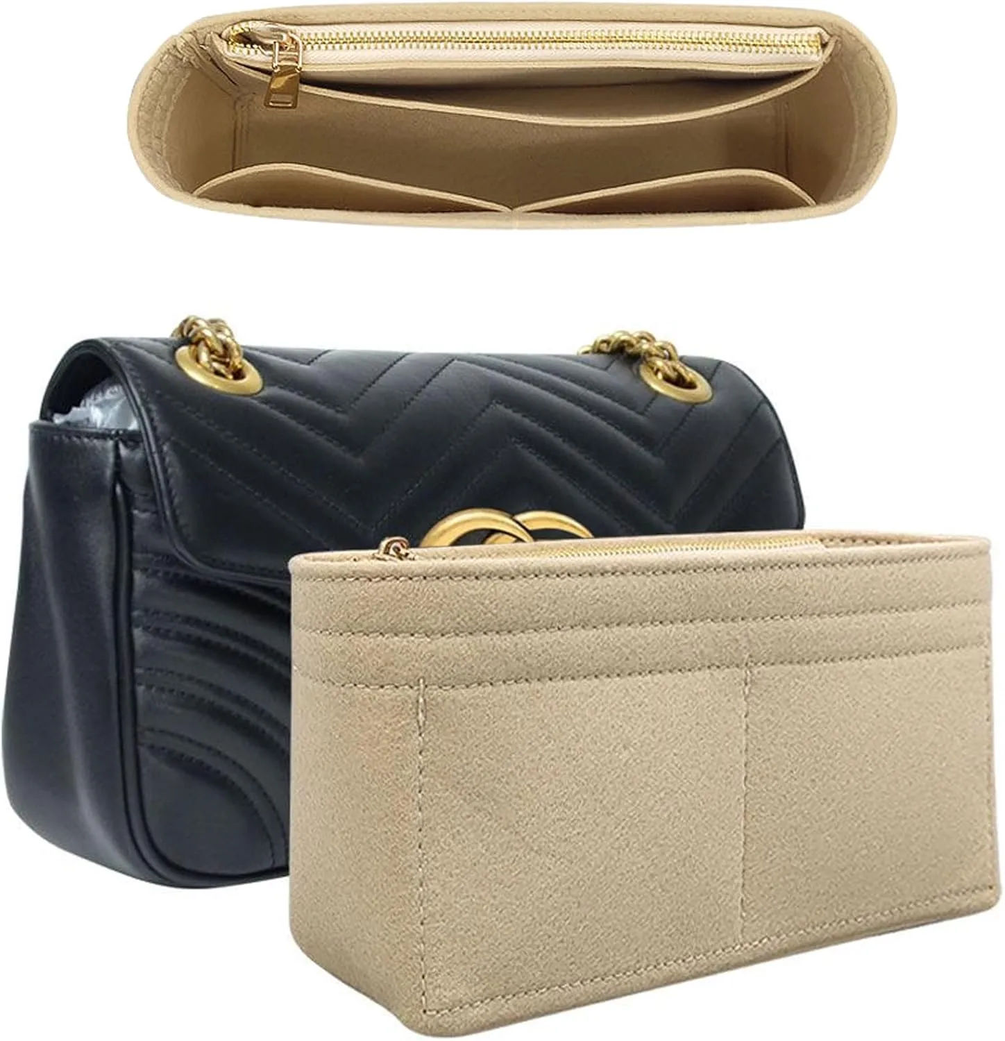 Felt Insert Purse Organizer with Zipper fit GG Marmont Matelasse Shoulder Bag, Small Handbag Organizer Liner Pouch for Women Inner Bladder Bag Storage (BEIGE, LARGE)