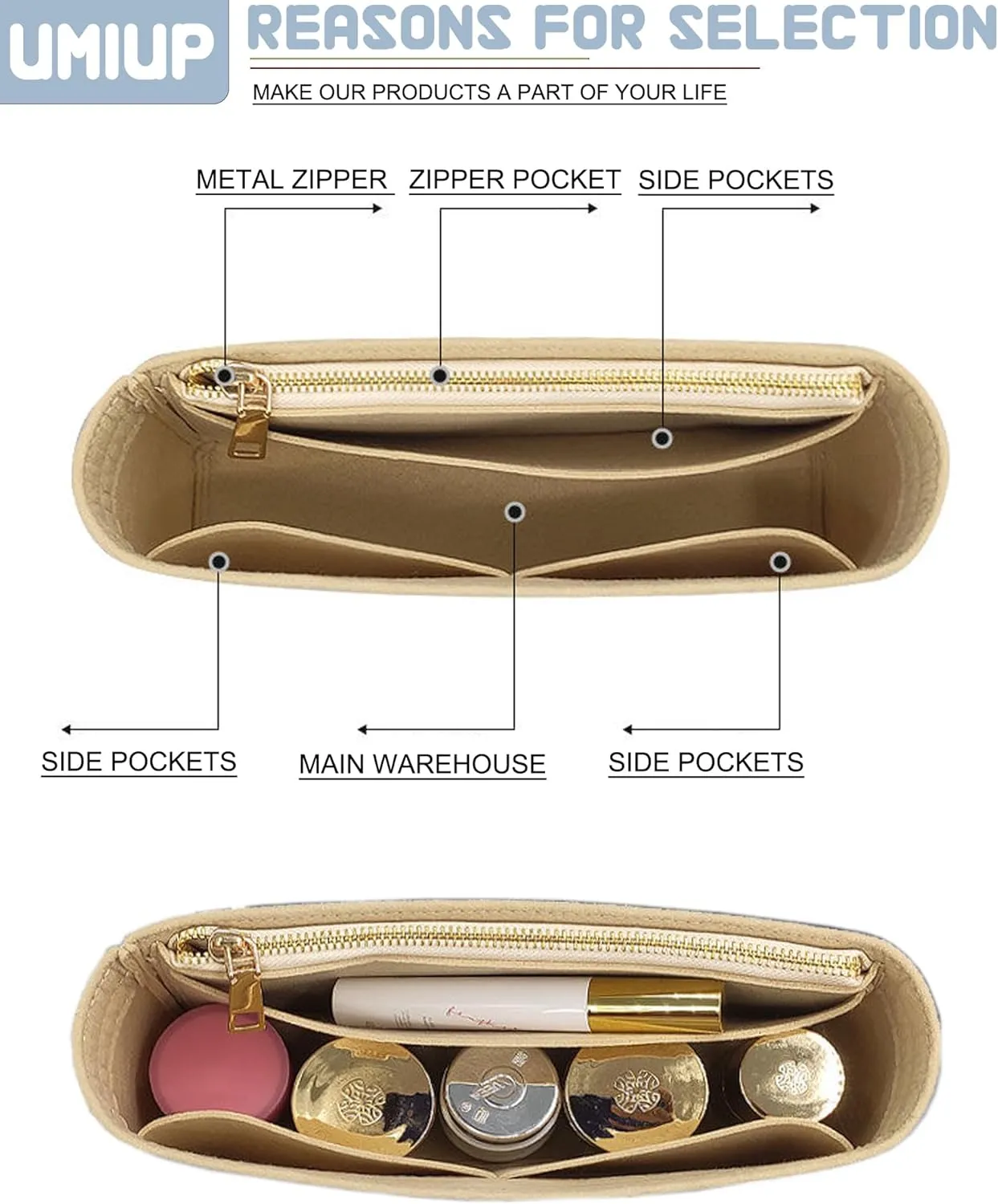Felt Insert Purse Organizer with Zipper fit GG Marmont Matelasse Shoulder Bag, Small Handbag Organizer Liner Pouch for Women Inner Bladder Bag Storage (BEIGE, LARGE)