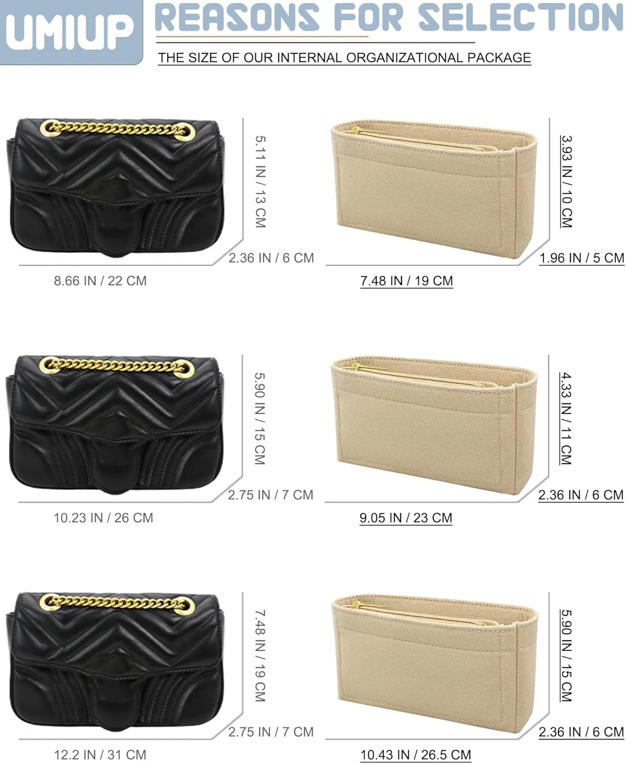 Felt Insert Purse Organizer with Zipper fit GG Marmont Matelasse Shoulder Bag, Small Handbag Organizer Liner Pouch for Women Inner Bladder Bag Storage (BEIGE, LARGE)