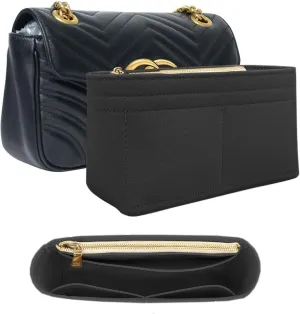 Felt Insert Purse Organizer with Zipper fit GG Marmont Matelasse Shoulder Bag, Small Handbag Organizer Liner Pouch for Women Inner Bladder Bag Storage (BLACK, LARGE)