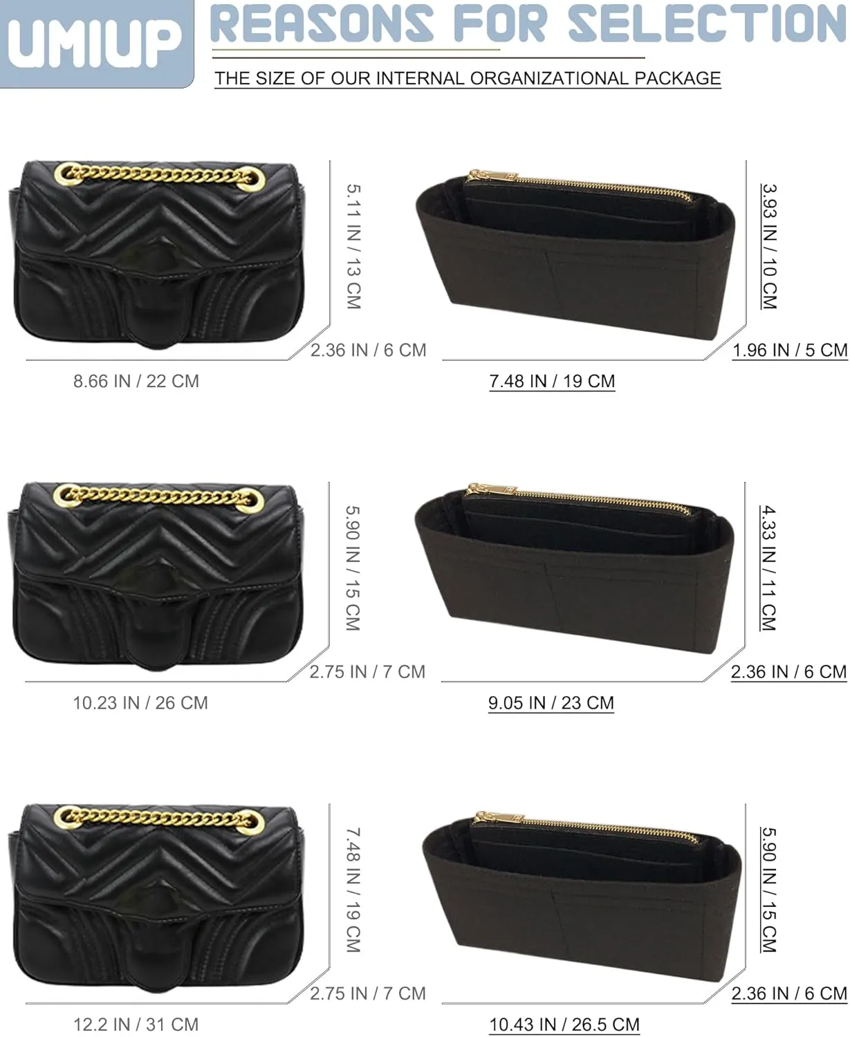 Felt Insert Purse Organizer with Zipper fit GG Marmont Matelasse Shoulder Bag, Small Handbag Organizer Liner Pouch for Women Inner Bladder Bag Storage (BLACK, MEDIUM)