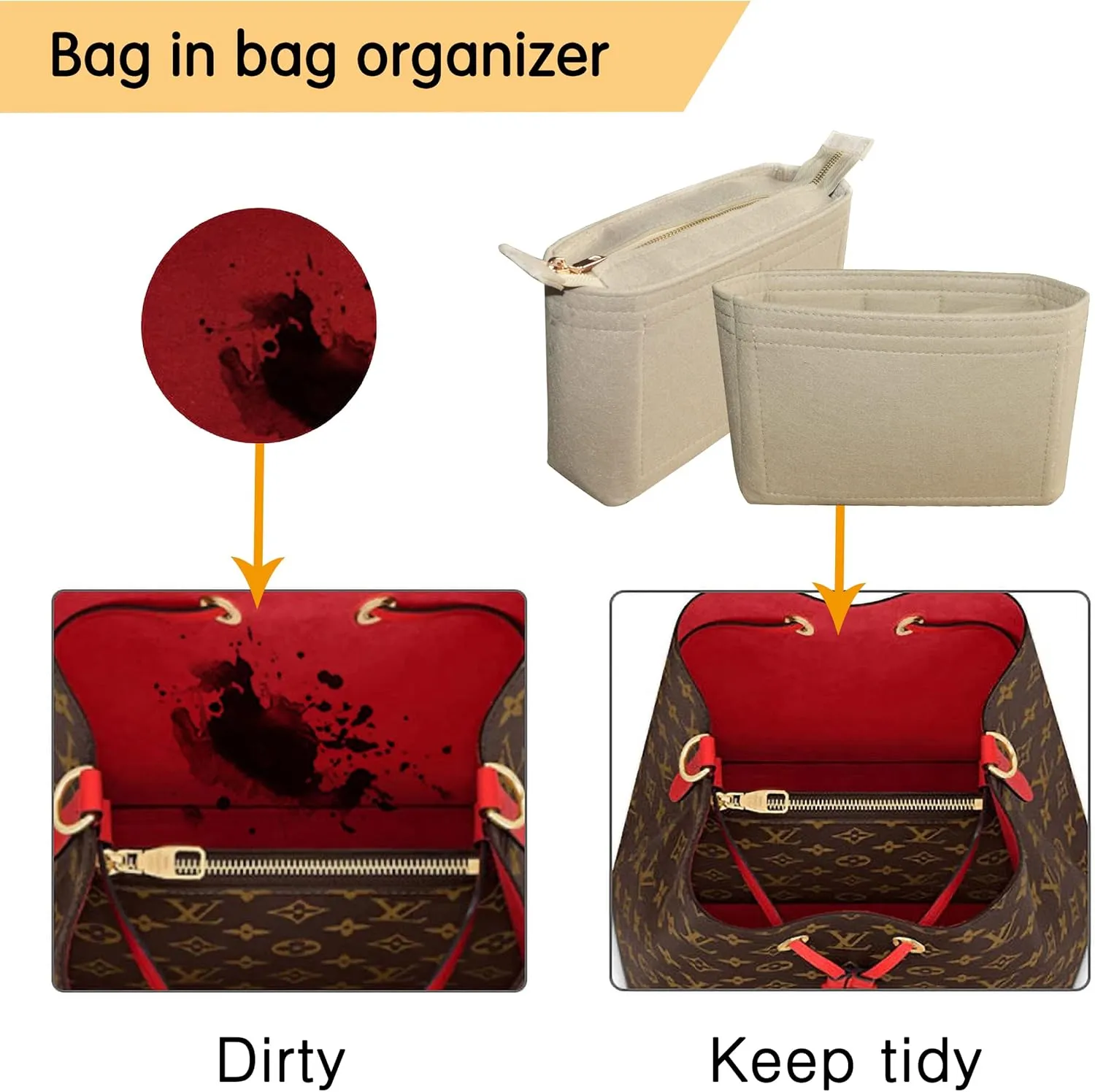 Felt Tote Bag organizer with Zipper Small Purse Organizer Insert With 2 Packs fits NeoNoe Series,Beige