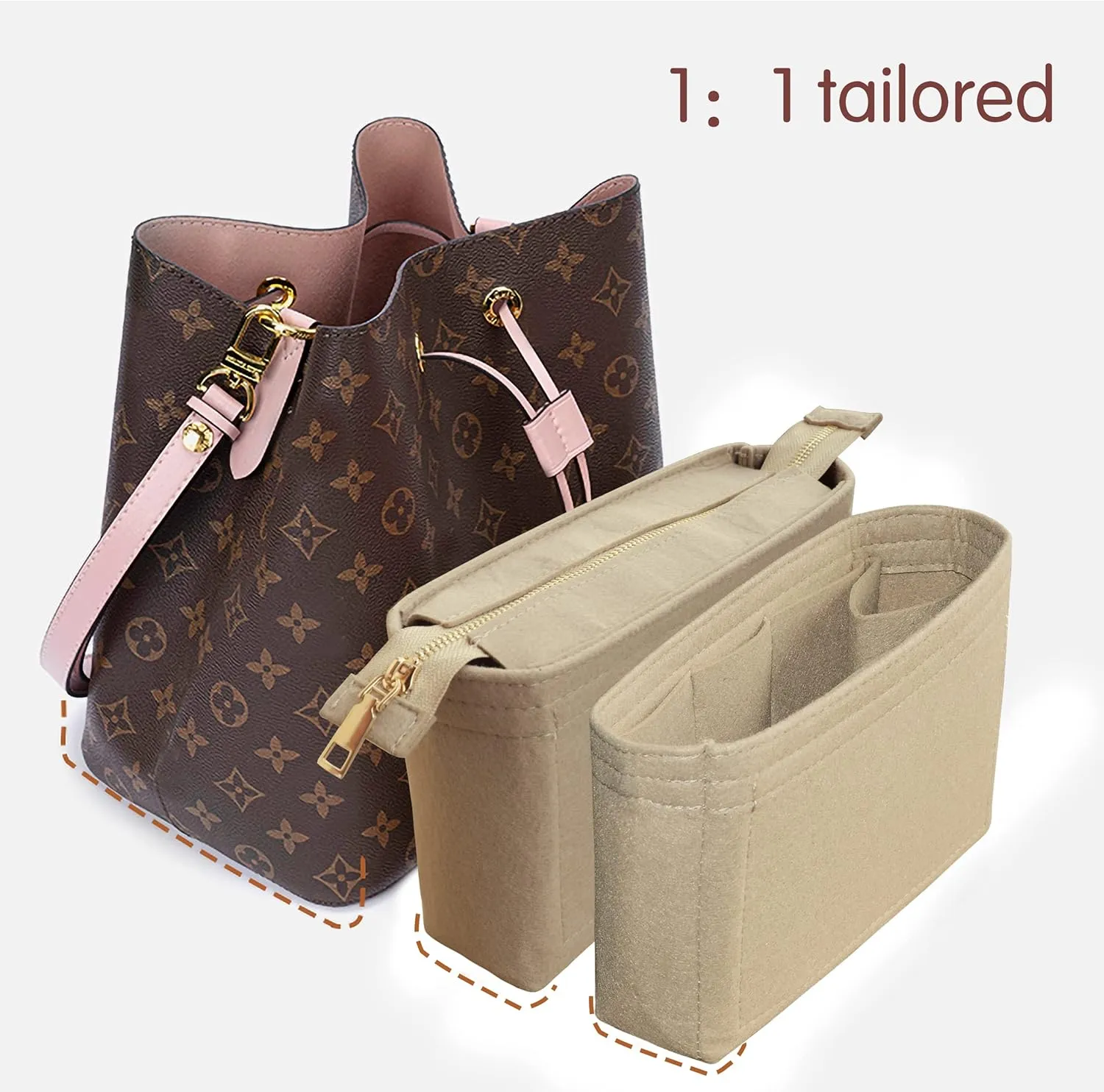 Felt Tote Bag organizer with Zipper Small Purse Organizer Insert With 2 Packs fits NeoNoe Series,Beige