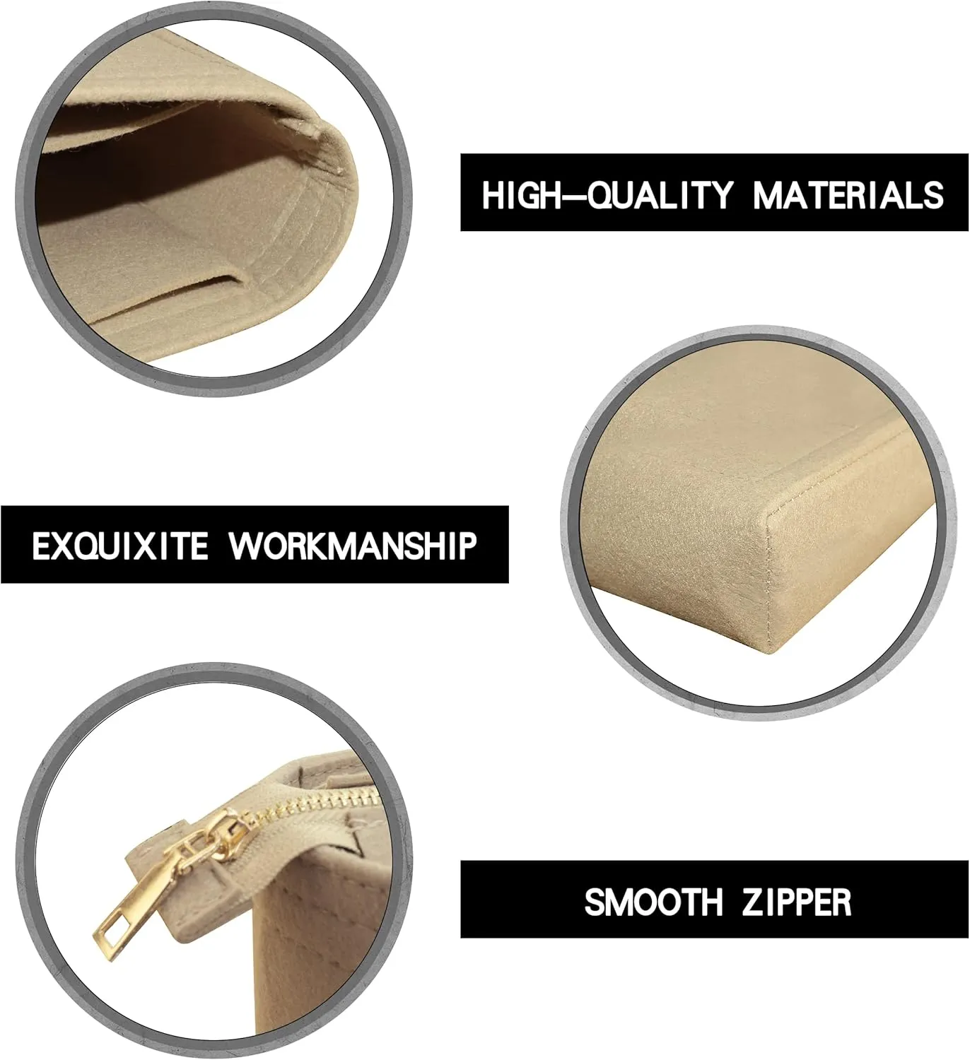 Felt Tote Bag organizer with Zipper Small Purse Organizer Insert With 2 Packs fits NeoNoe Series,Beige