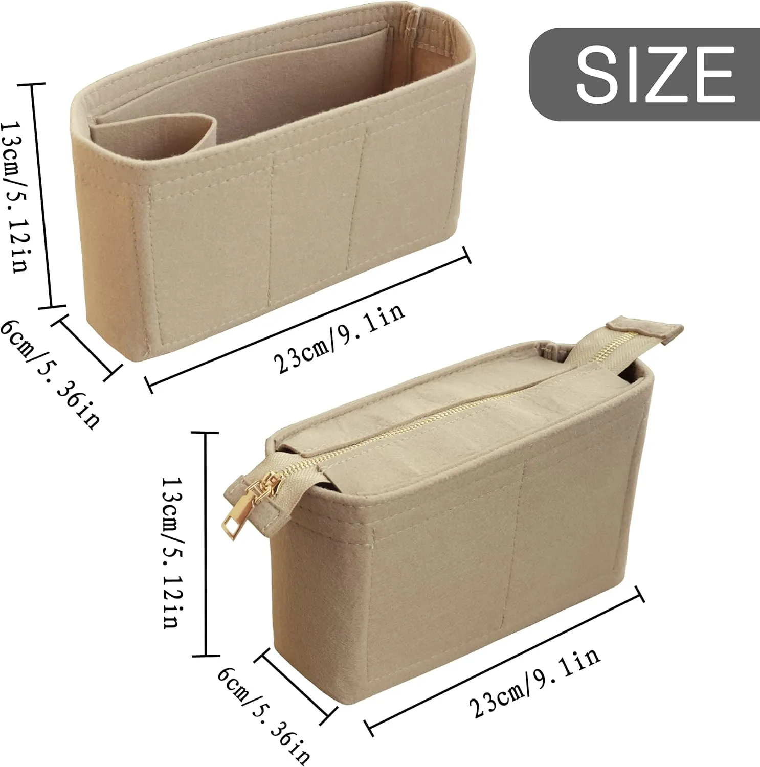 Felt Tote Bag organizer with Zipper Small Purse Organizer Insert With 2 Packs fits NeoNoe Series,Beige