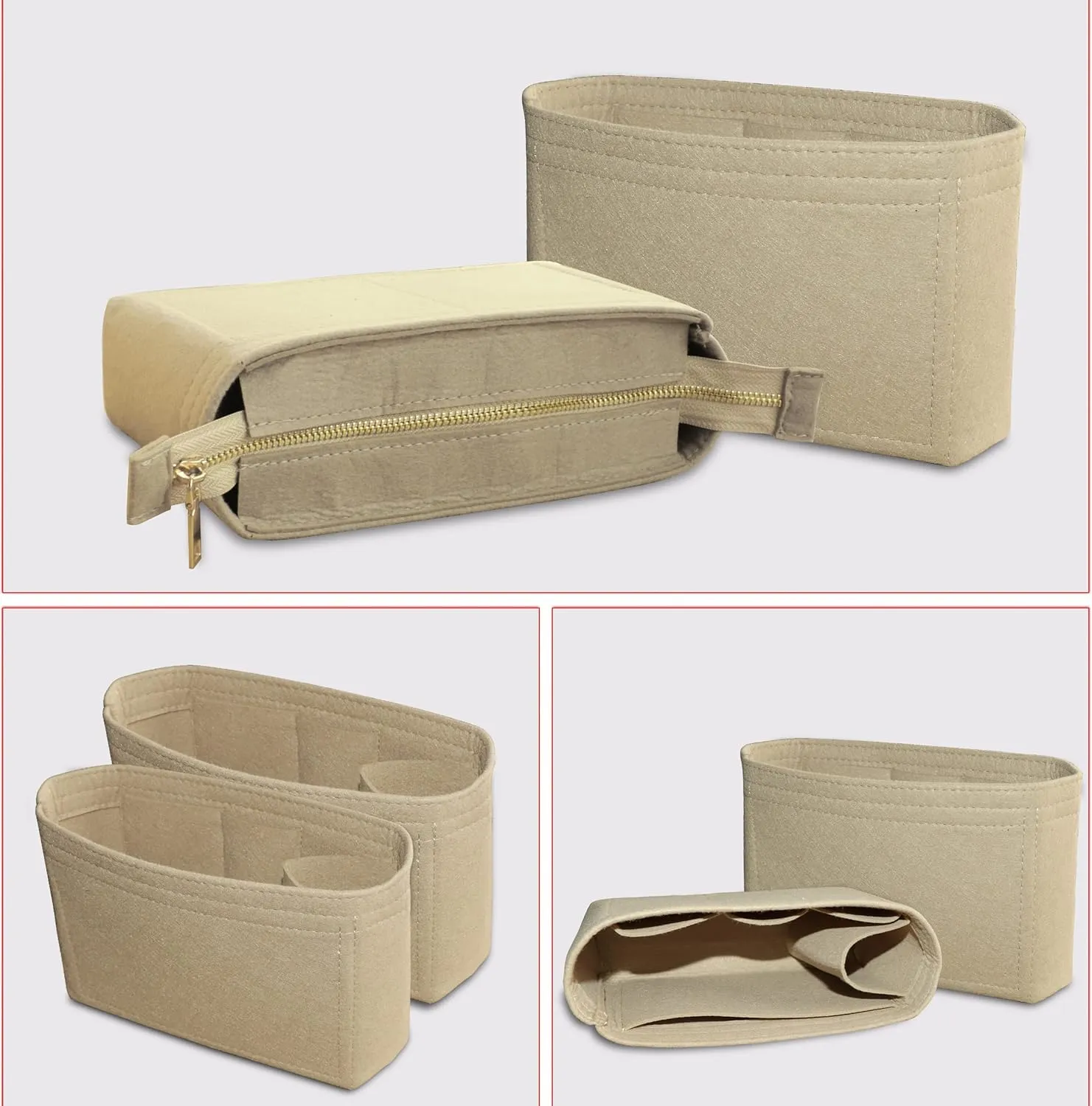 Felt Tote Bag organizer with Zipper Small Purse Organizer Insert With 2 Packs fits NeoNoe Series,Beige