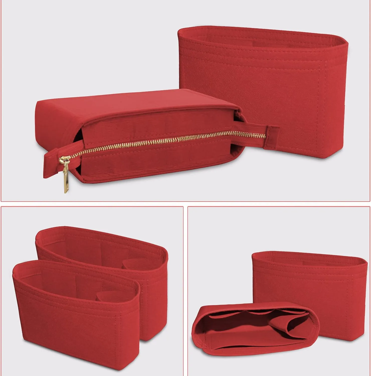 Felt Tote Bag organizer with Zipper Small Purse Organizer Insert With 2 Packs fits NeoNoe Series,Red