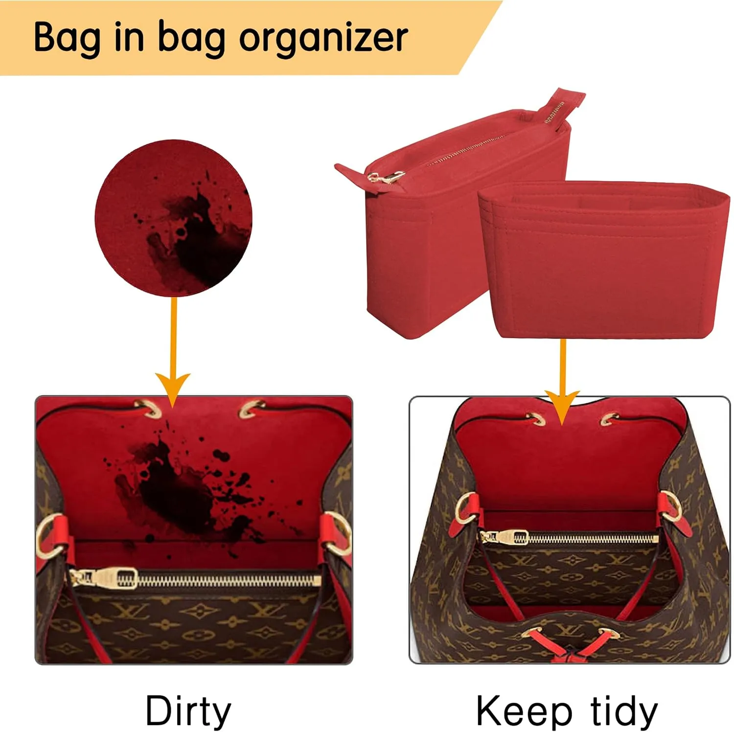 Felt Tote Bag organizer with Zipper Small Purse Organizer Insert With 2 Packs fits NeoNoe Series,Red