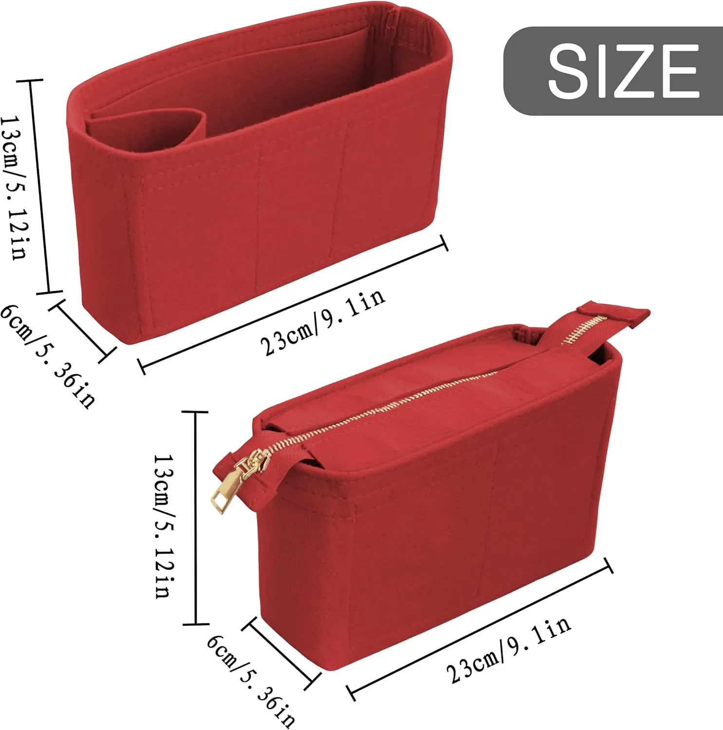 Felt Tote Bag organizer with Zipper Small Purse Organizer Insert With 2 Packs fits NeoNoe Series,Red