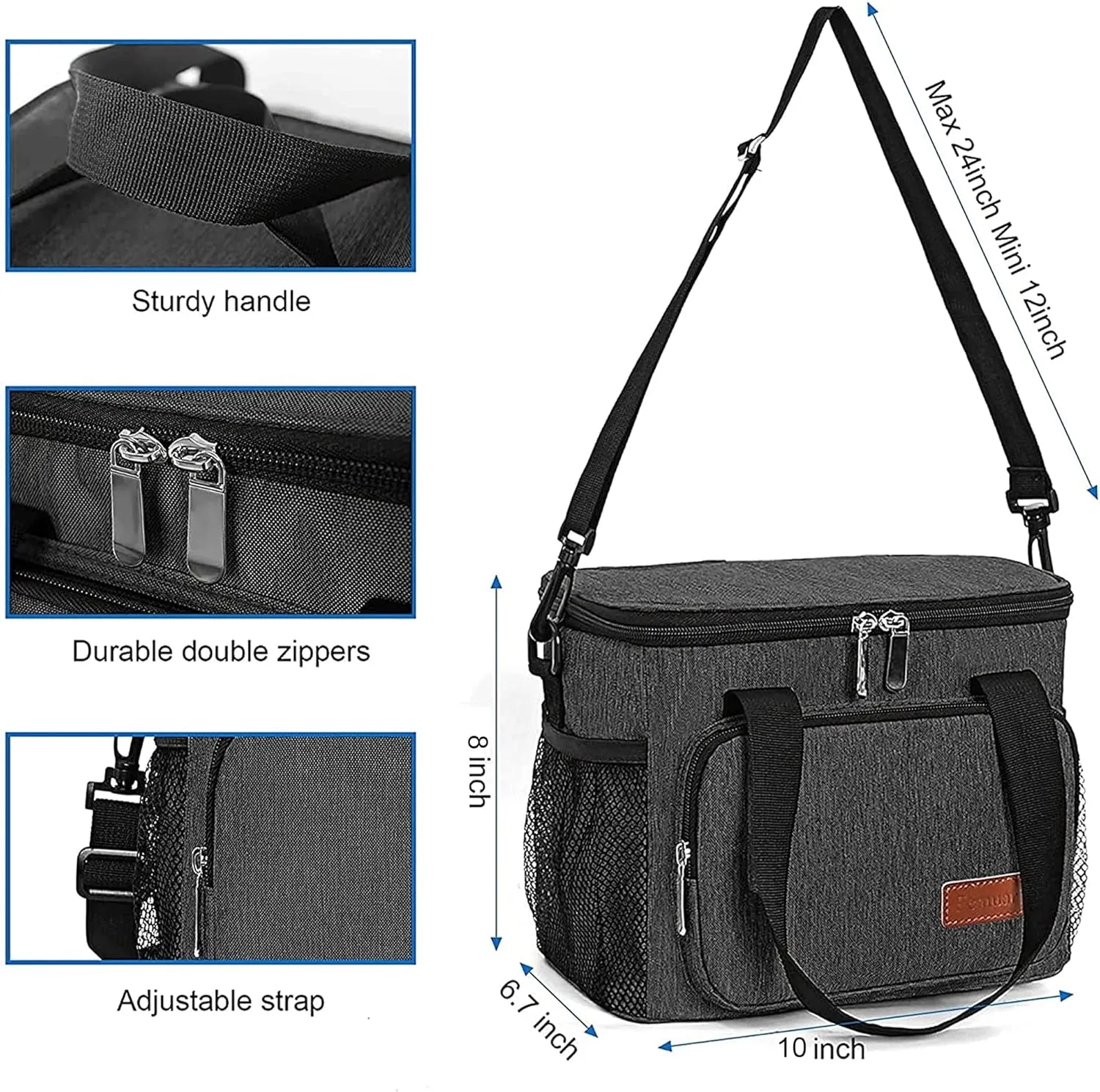 Femuar Lunch Bags for Women/Men, Insulated Lunch Bag for Work Office Picnic - Lunch Cooler Bag Leakproof Lunch Box with Adjustable Shoulder Strap - Charcoal