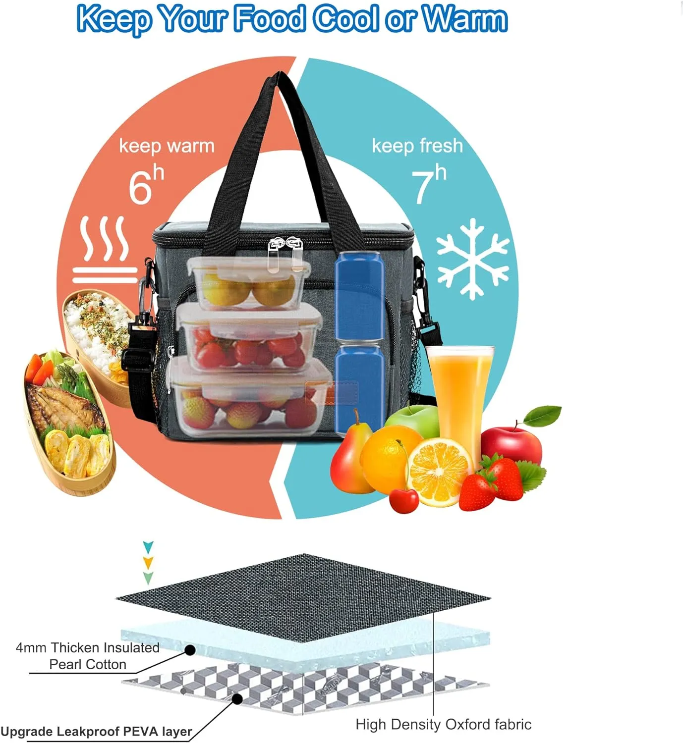 Femuar Lunch Bags for Women/Men, Insulated Lunch Bag for Work Office Picnic - Lunch Cooler Bag Leakproof Lunch Box with Adjustable Shoulder Strap - Charcoal