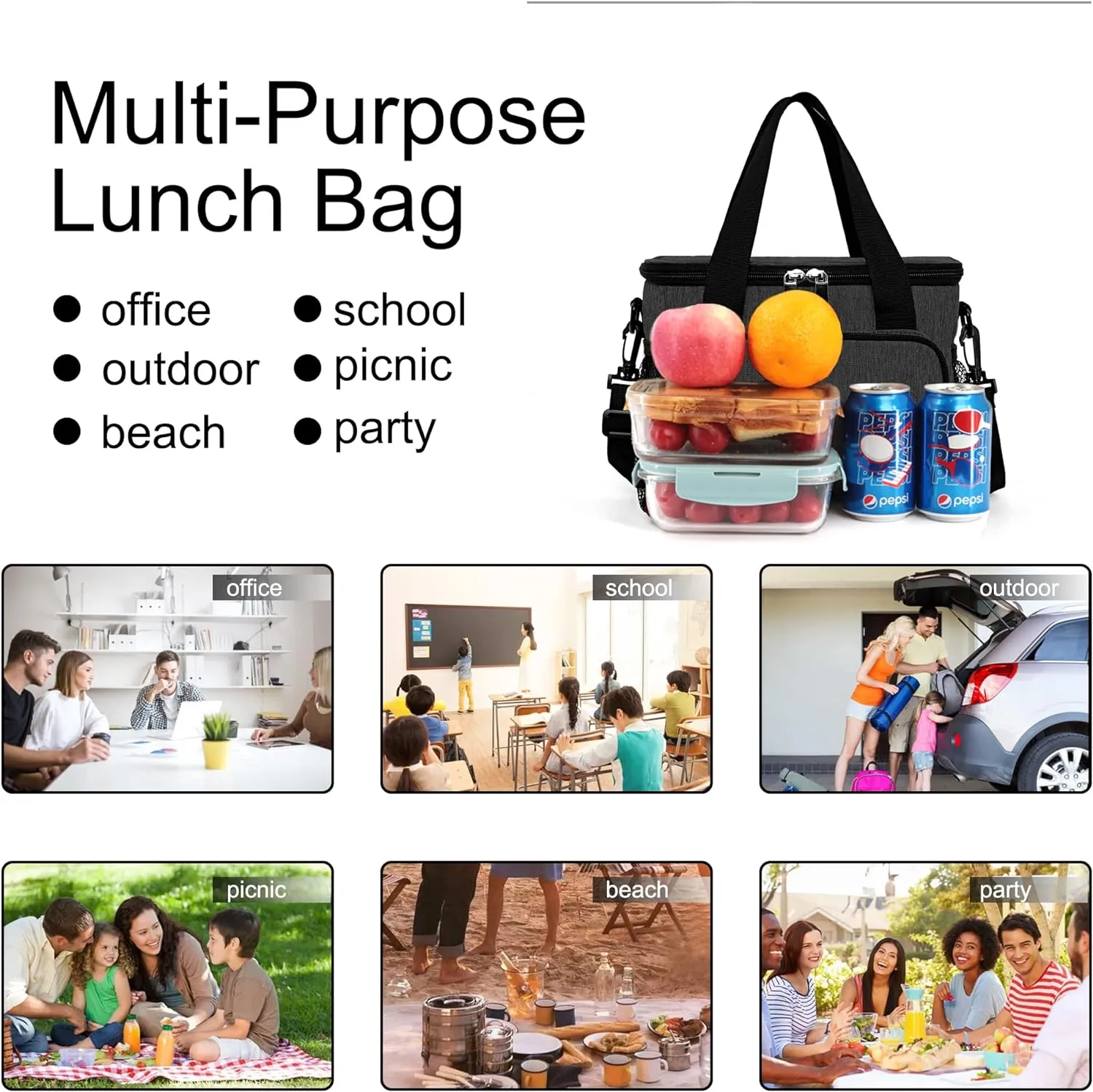 Femuar Lunch Bags for Women/Men, Insulated Lunch Bag for Work Office Picnic - Lunch Cooler Bag Leakproof Lunch Box with Adjustable Shoulder Strap - Charcoal