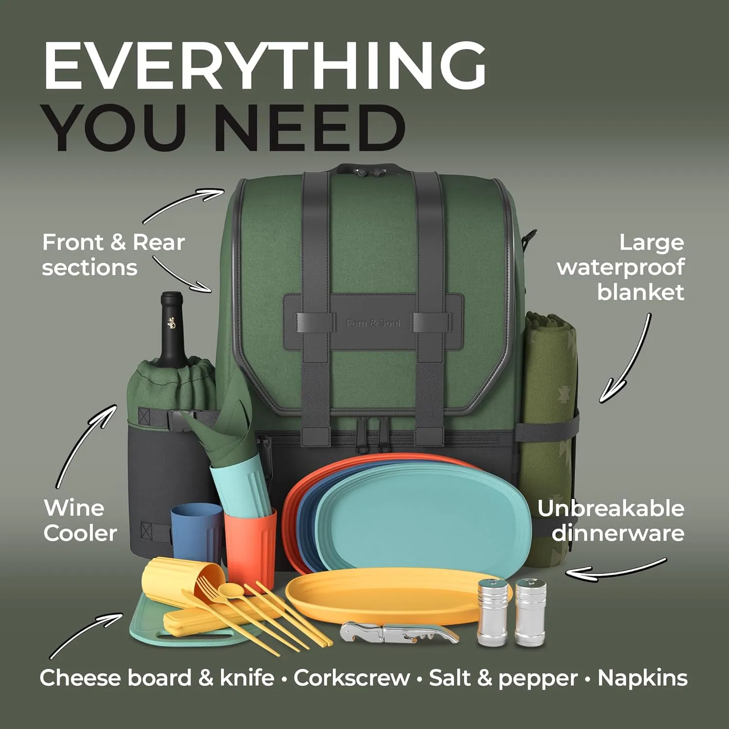 Fern & Soul Picnic Backpack for 4 - Stylish Insulated Picnic Basket Set with Blanket, Wine Cooler Bag, Unbreakable Dinnerware Set Made to Last - Engagement Gifts for Couples, Family, Beach, Camping