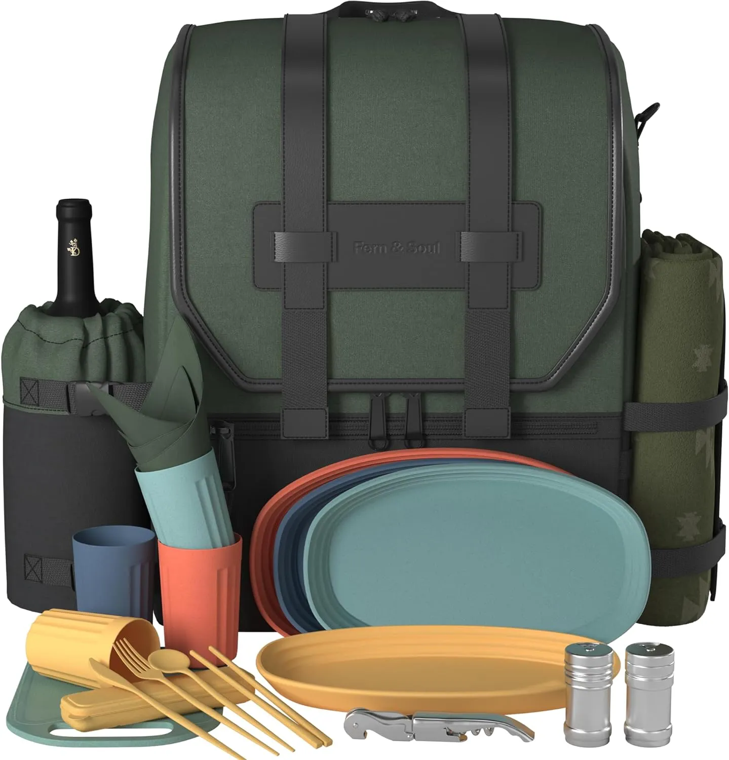 Fern & Soul Picnic Backpack for 4 - Stylish Insulated Picnic Basket Set with Blanket, Wine Cooler Bag, Unbreakable Dinnerware Set Made to Last - Engagement Gifts for Couples, Family, Beach, Camping