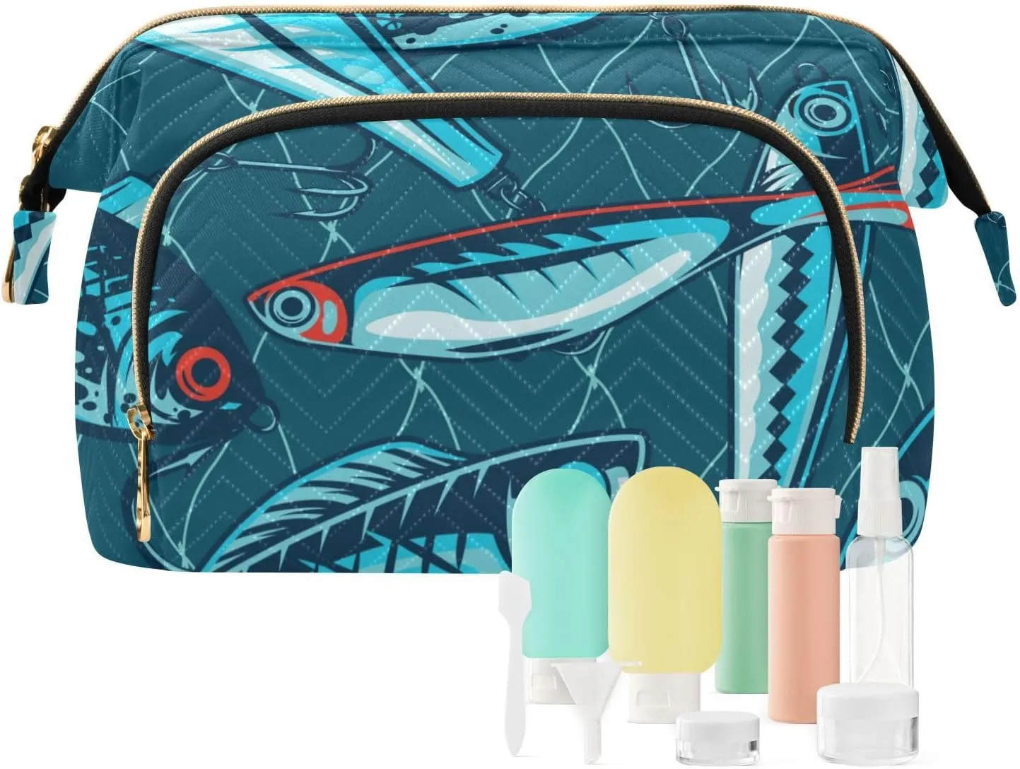 Fishing Artificial Baits Travel Toiletry Bag, Cosmetic Bag Make Up Organizer Case, Large Wide-open Pouch for Women Purse for Toiletries Accessories