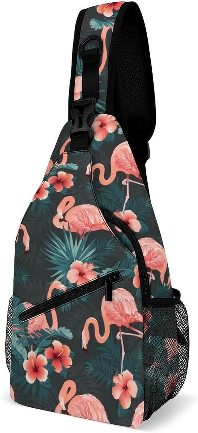 Flamingo-bird-tropical Flowers Crossbody Sling Bag for Women Men Travel Chest Bag, Cycling Shoulder Backpack