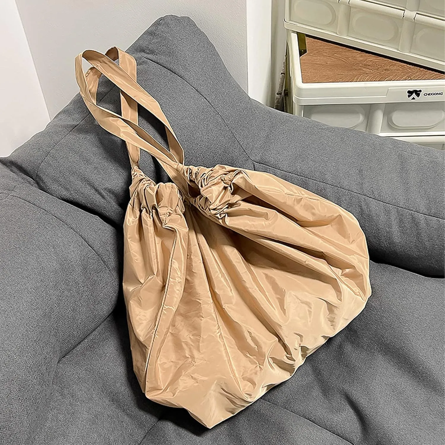 Foldable Shopping Bag for Groceries, Large Capacity Portable Tote Bag for Travel Waterproof Reusable Bags with Handles for Supermarket Picnic Beach (Brown)