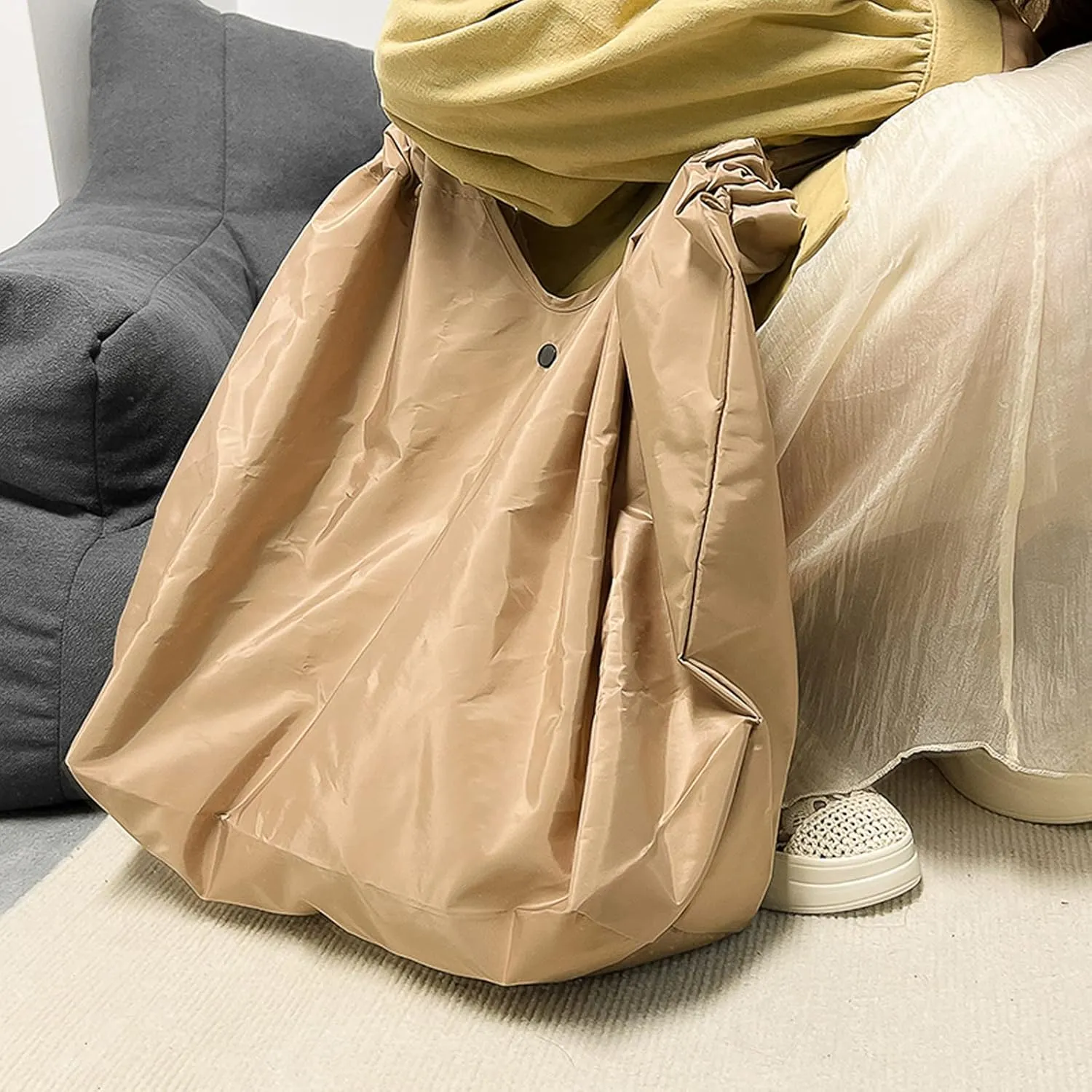 Foldable Shopping Bag for Groceries, Large Capacity Portable Tote Bag for Travel Waterproof Reusable Bags with Handles for Supermarket Picnic Beach (Brown)
