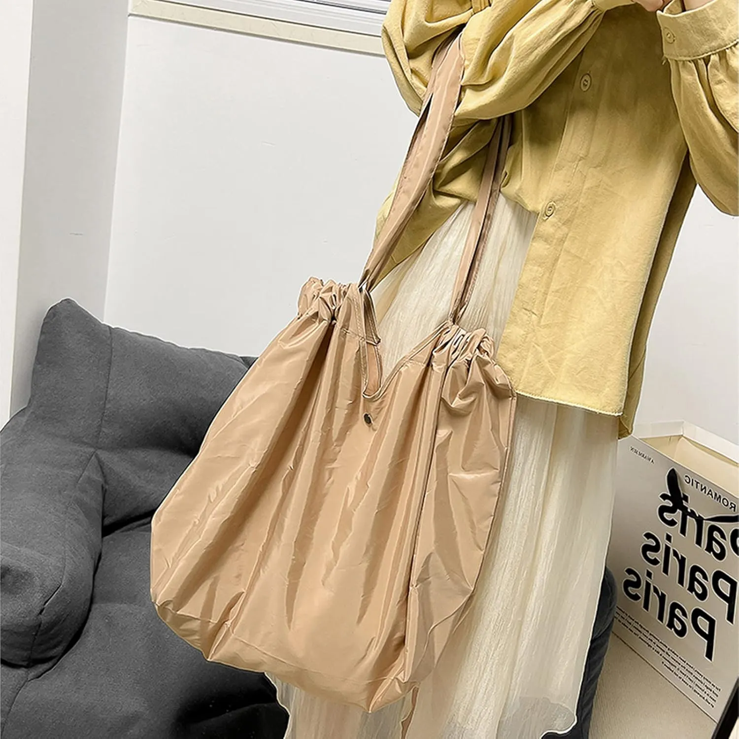 Foldable Shopping Bag for Groceries, Large Capacity Portable Tote Bag for Travel Waterproof Reusable Bags with Handles for Supermarket Picnic Beach (Brown)